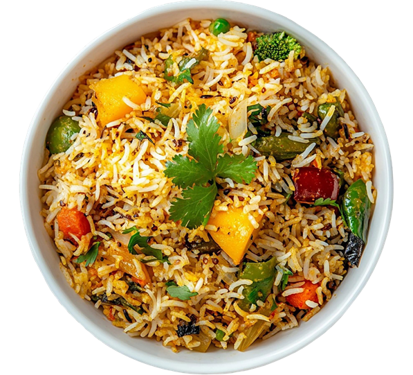 vegetable biryani white bowl top view isolated transparent background_600
